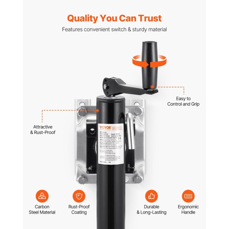 Pultattava kääntyvä perävaunun tunkki hiiliteräksinen 907 kg nostokorkeus 265–515 mm