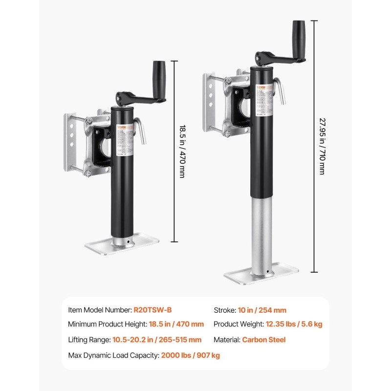 Pultattava kääntyvä perävaunun tunkki hiiliteräksinen 907 kg nostokorkeus 265–515 mm