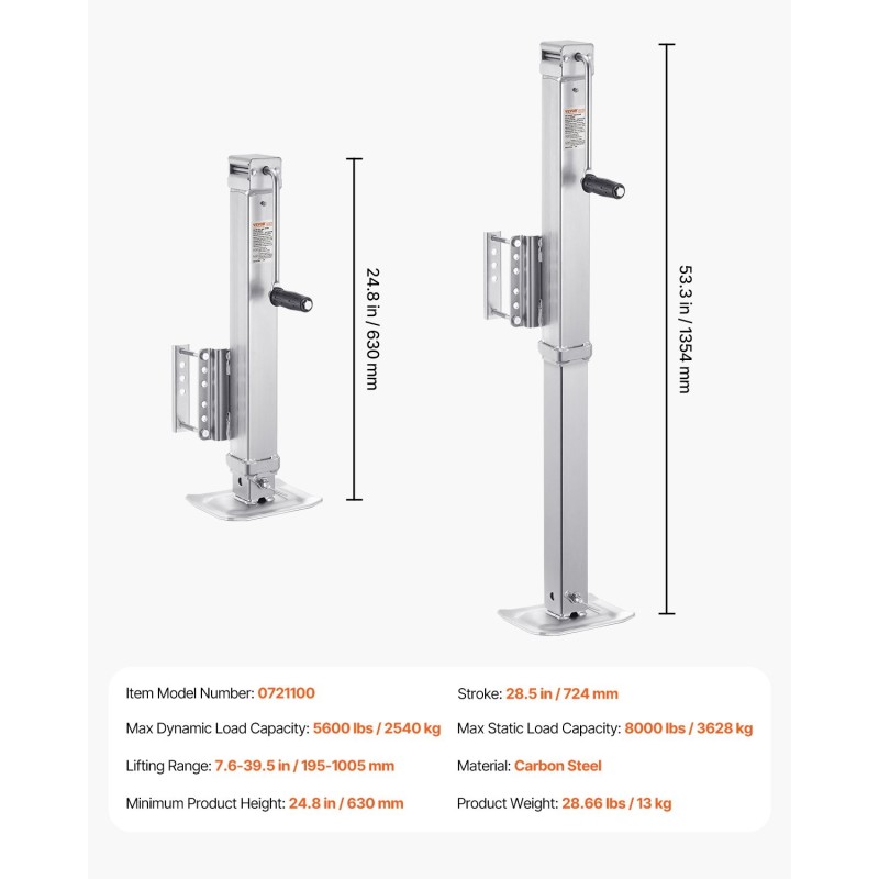 Pulttikiinnitteinen kääntyvä perävaunun tunkki hiiliteräs 3628 kg staattinen kuormankesto 195–1005 mm