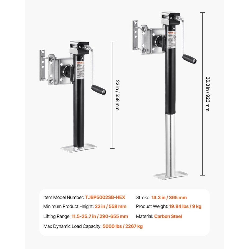 Perävaunun tukitunkki hiiliteräs 2267 kg dynaaminen kantavuus 365 mm iskunpituus kääntyvä pulttikiinnitys