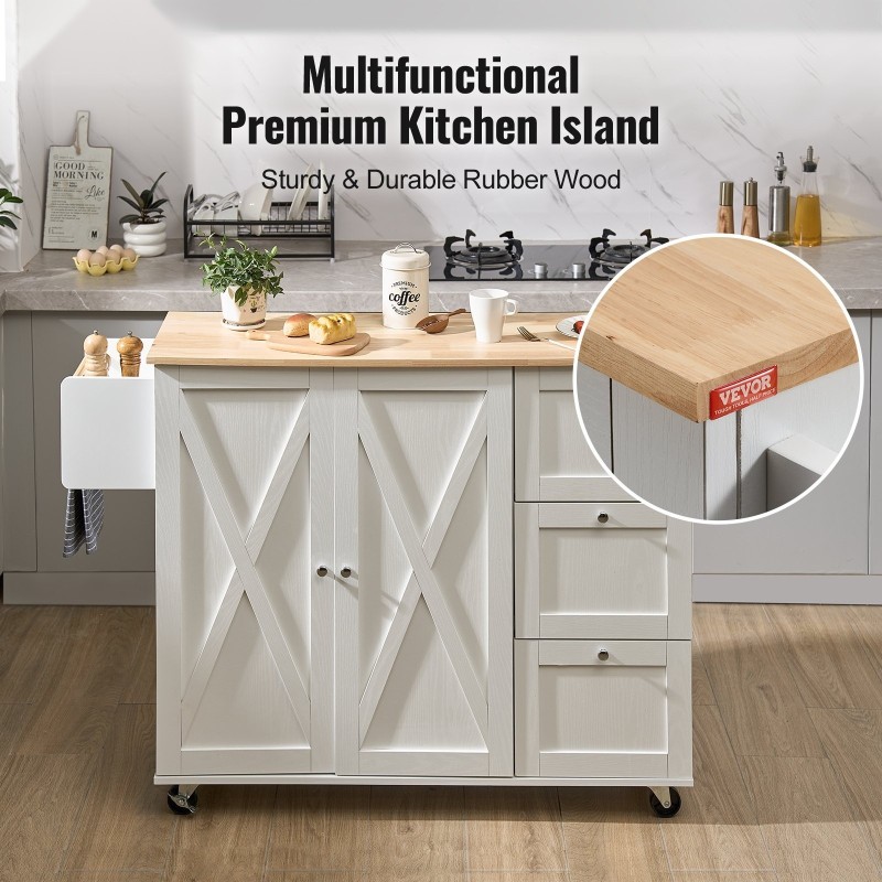 Keittiösaareke massiivipuinen työtaso 115 cm leveä valkoinen säilytyskaapilla säädettävillä hyllyillä pyörillä