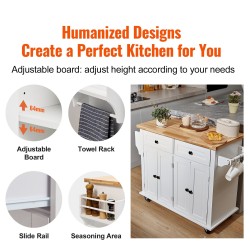 Keittiösaareke massiivipuu ja MDF 90 cm työtaso valkoinen pyörillä