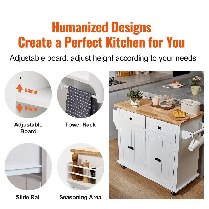 Keittiösaareke massiivipuu ja MDF 90 cm työtaso valkoinen pyörillä