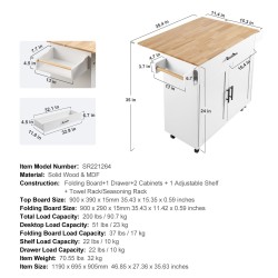 Keittiösaareke massiivipuutasolla 90 cm leveä pyörillä säilytyskaapilla laatikolla