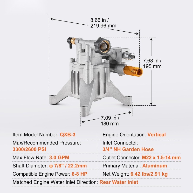 Painepesurin pumppu alumiini 22 mm pystyakseli 227 bar 11 L/min 196–230 cc