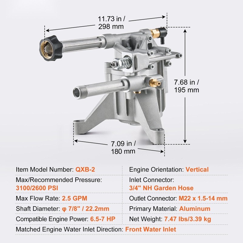 Painepesurin vaihtopumppu alumiini 214 bar 9,5 l/min pystyakseli 22,2 mm