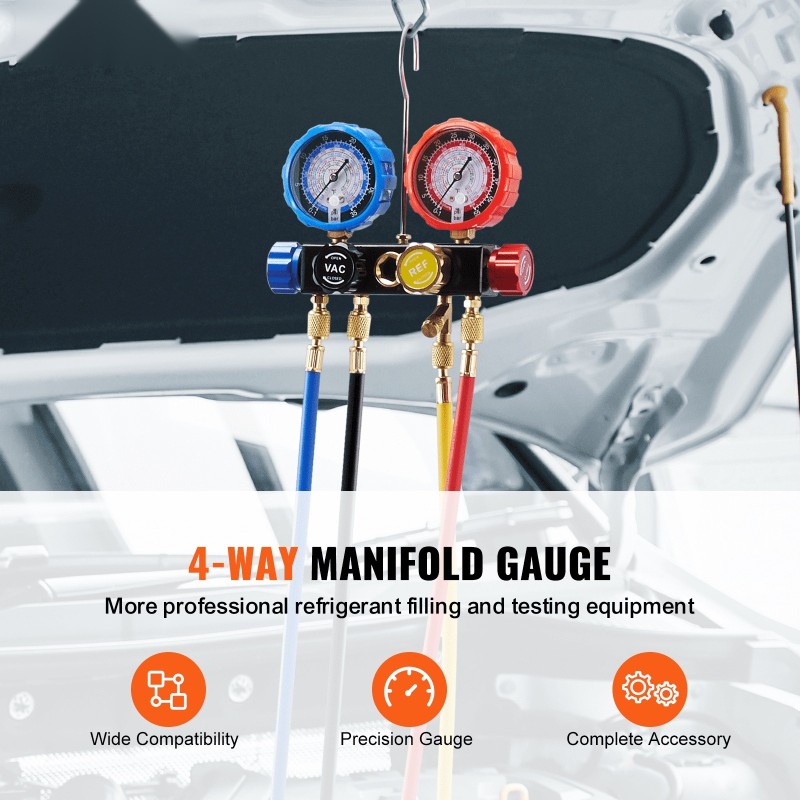 4-tie ilmastointimanometrisarja messinki alumiini 152.4 cm letkuilla sopii R134A R22 R12 R410A