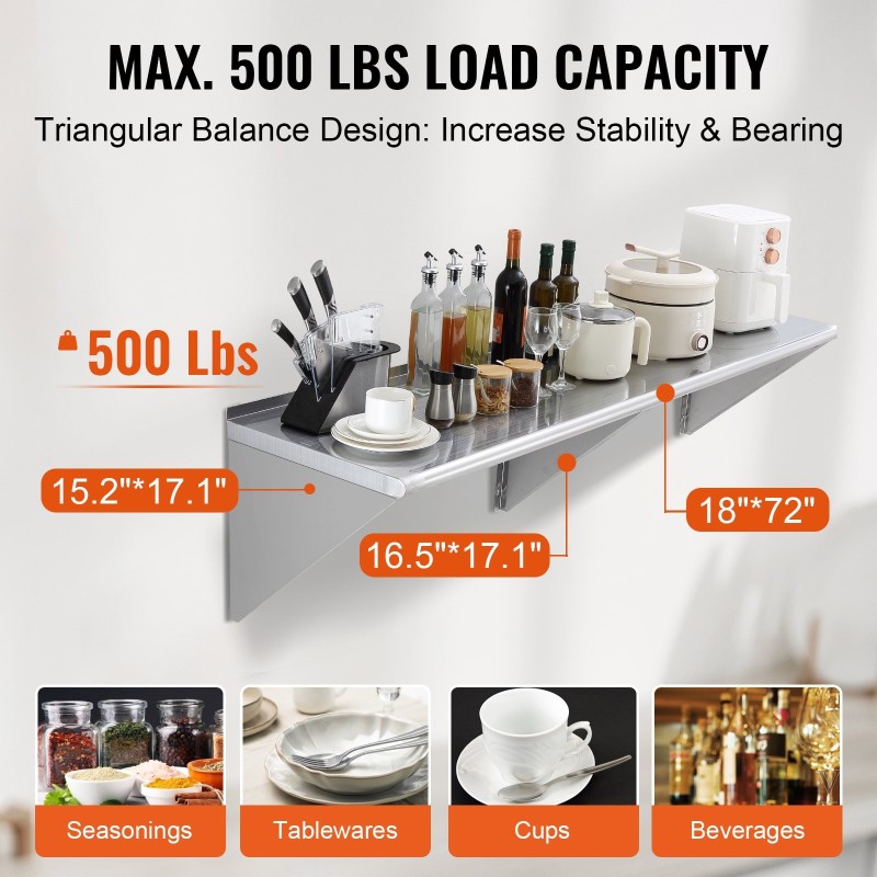 Seinään kiinnitettävä 430-ruostumaton teräshylly 72 x 18 tuumaa kuormankantokyky 226 kilogrammaa