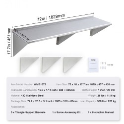 Seinään kiinnitettävä 430-ruostumaton teräshylly 72 x 18 tuumaa kuormankantokyky 226 kilogrammaa