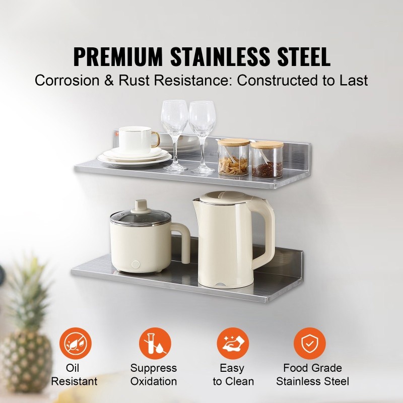 Seinään kiinnitettävä ruostumaton teräshylly takareunalla L-muotoinen 610x218x85mm 20kg