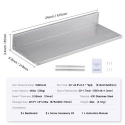 Seinään kiinnitettävä ruostumaton teräshylly takareunalla L-muotoinen 610x218x85mm 20kg