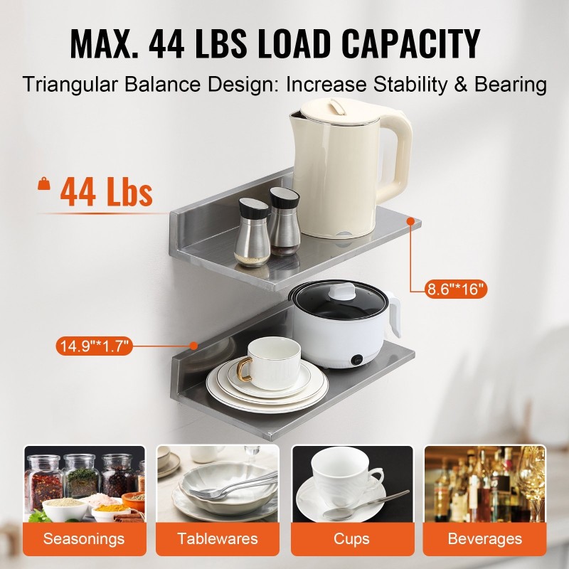 Seinähylly 430-ruostumatonta terästä 406×218×85 mm 20 kg kantava L-mallinen taustalevyllä