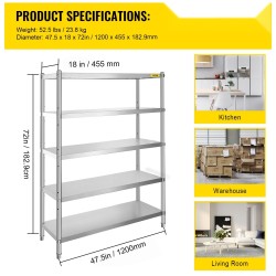 Säilytyshylly ruostumatonta terästä 5 tasoa 1200x455x1830 mm säädettävät jalat