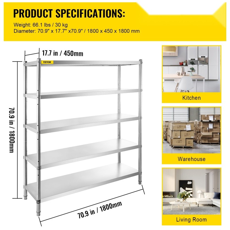 Hylly ruostumattomasta teräksestä 5 tasoa 180 x 45 x 180 cm