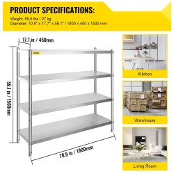Ruostumaton 4-tasoinen teräshylly säädettävillä tasoilla 1800 x 450 x 1500 mm