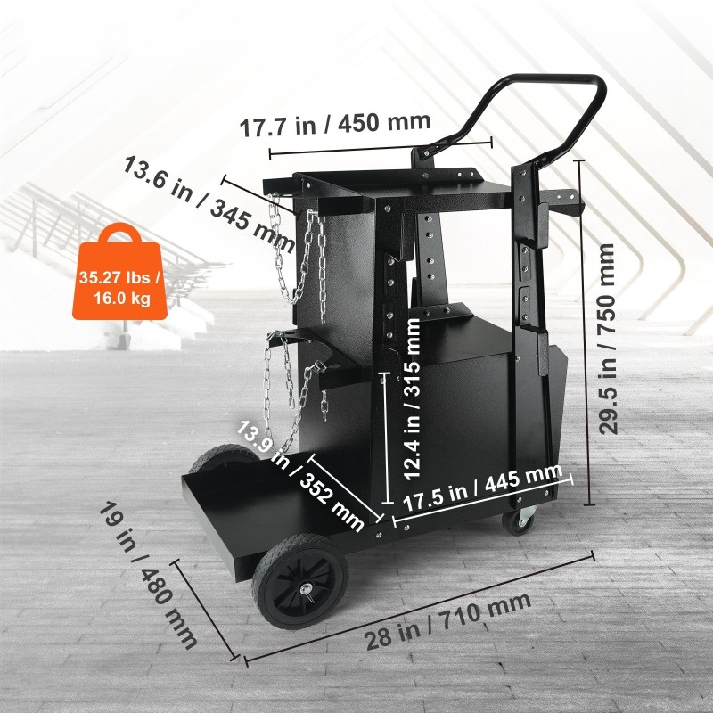 Kaksitasoinen hitsausvaunu lukittavalla kaapilla ja kaksi kaasupullopaikkaa