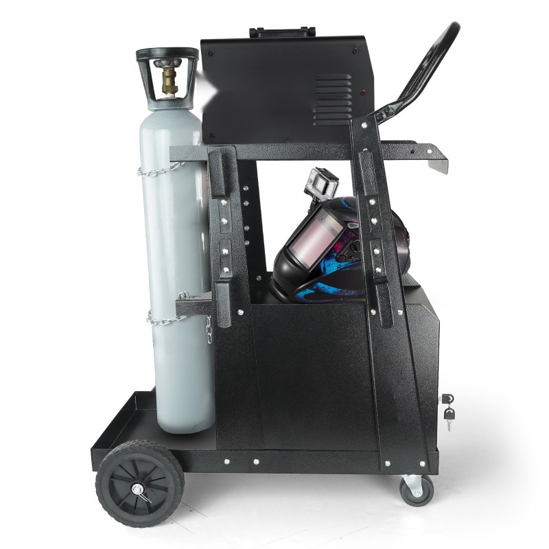 Kaksitasoinen hitsausvaunu lukittavalla kaapilla ja kaksi kaasupullopaikkaa