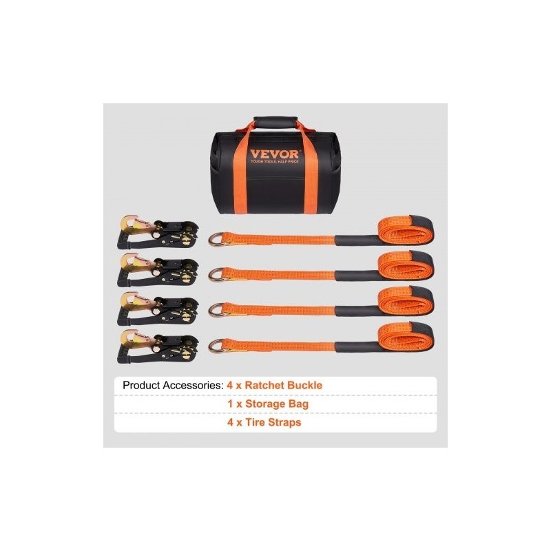 Räikkäkiinnityshihnat polyesteri leveys 2 tuumaa pituus 120 tuumaa 4 kpl ajoneuvojen kuljetukseen