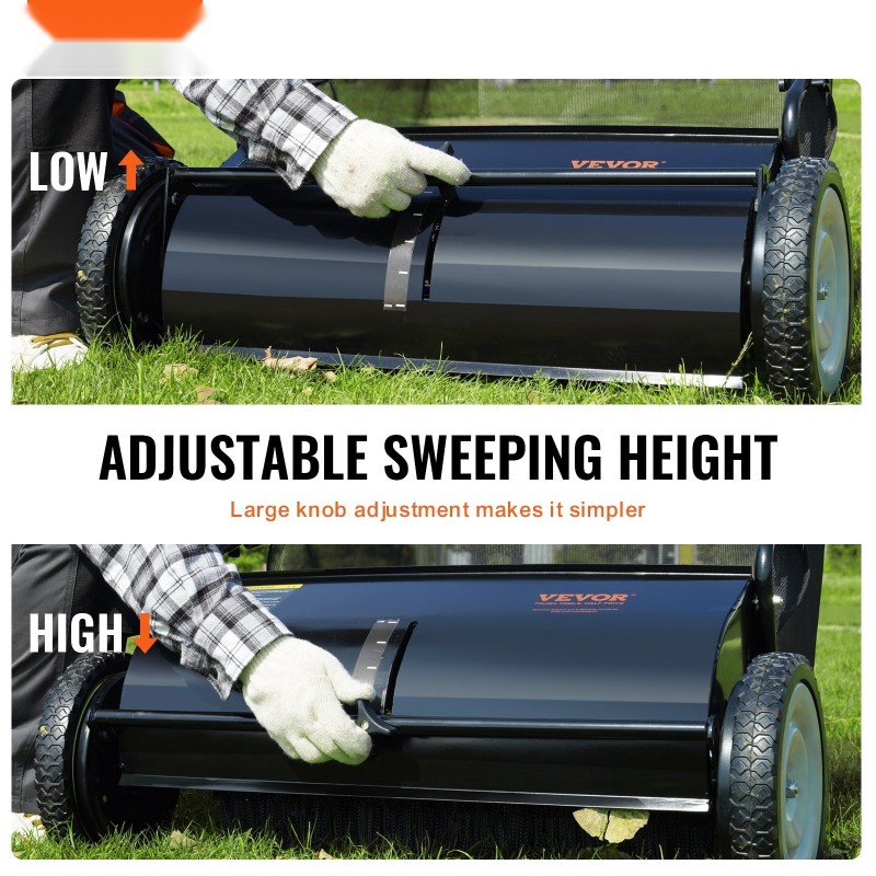 Työntömallinen ruohonlakaisin kuusikymmentäkuusi senttimetriä työleveys suuri keräyspussi neljä paksua harjaa kumipyörillä