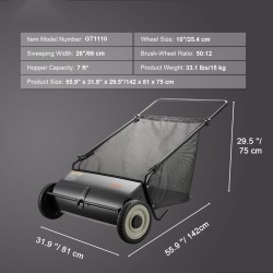 Työntömallinen ruohonlakaisin kuusikymmentäkuusi senttimetriä työleveys suuri keräyspussi neljä paksua harjaa kumipyörillä