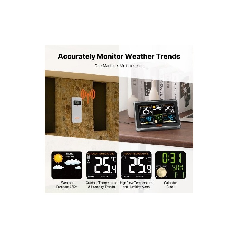 Sääasema 7,5 tuuman värinäytöllä langaton sisäanturi ja ulkoanturi atomikello kolmiportainen taustavalo
