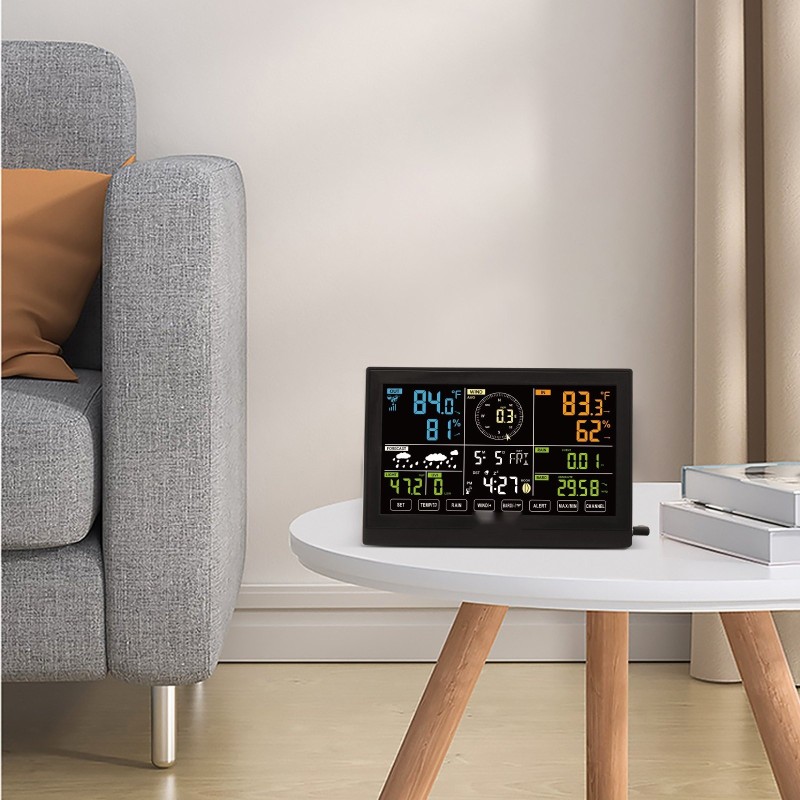 Langaton sääasema seitsemän toiminnon anturi 19 senttimetrin värinäyttö aurinkokäyttöinen ulkoanturi alumiinitanko