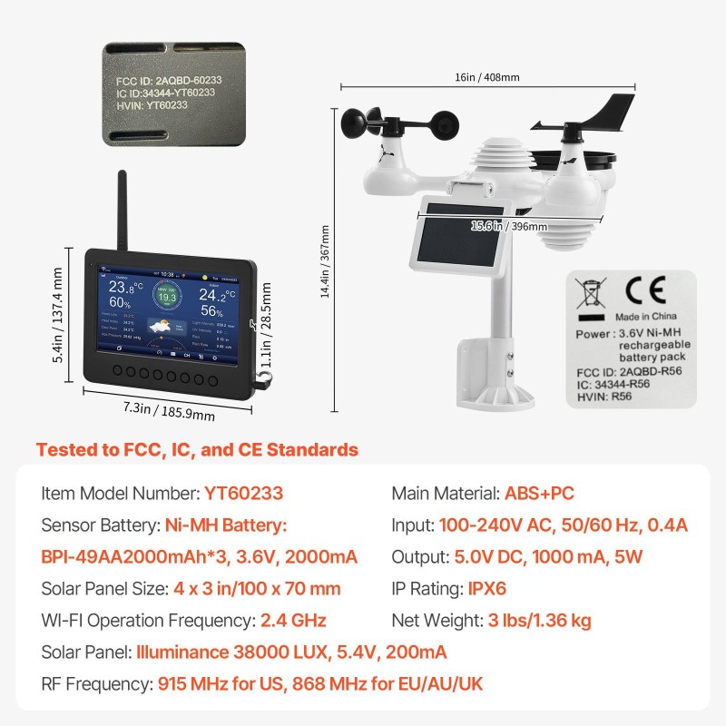 Langaton sääasema 7 anturia Wi‑Fi 7-tuumainen TFT-näyttö aurinkokennolla