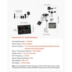 Langaton 7-toiminen sääasema sisäyksikkö 190,5 mm VA näyttö aurinkokennolla ja IPX6 ulkoanturi