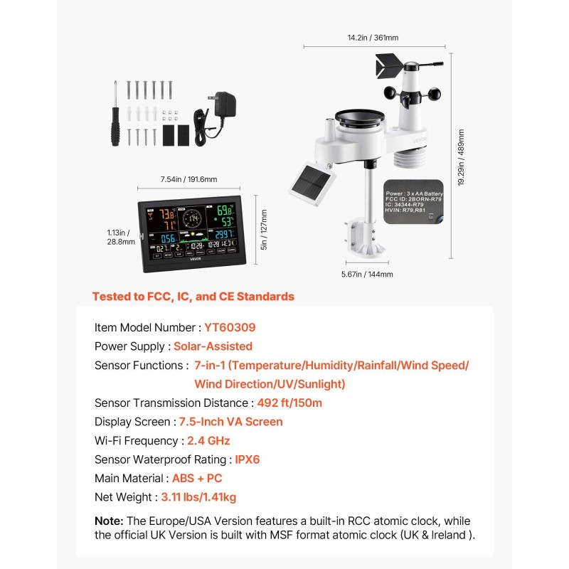Langaton 7-toiminen sääasema sisäyksikkö 190,5 mm VA näyttö aurinkokennolla ja IPX6 ulkoanturi