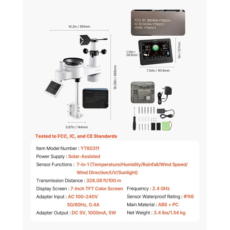 Sääasema 7-toiminen 7-tuumainen värinäyttö langaton ulkoanturi aurinkokennolla säänkestävä