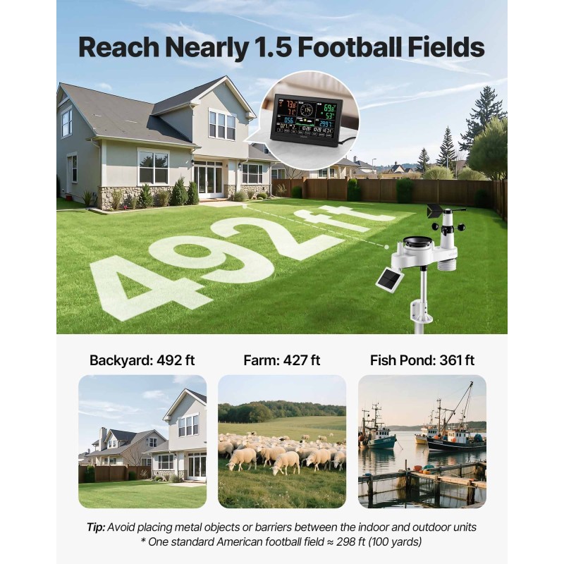 Sääasema 7-toiminen langaton 190,5 mm VA-näyttö aurinkokennolla toimiva ulkoanturi sisä- ja ulkokäyttöön