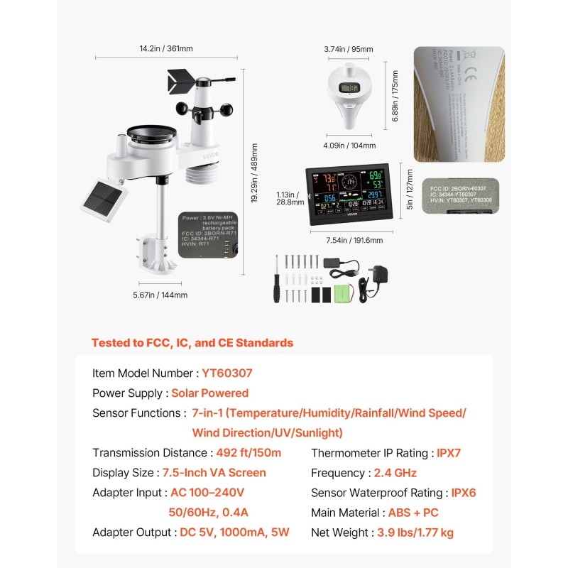 Sääasema 7-toimintoinen ulkoanturi aurinkokennolla Wi-Fi-sovellustuki 190,5 mm näyttö allaslämpömittari