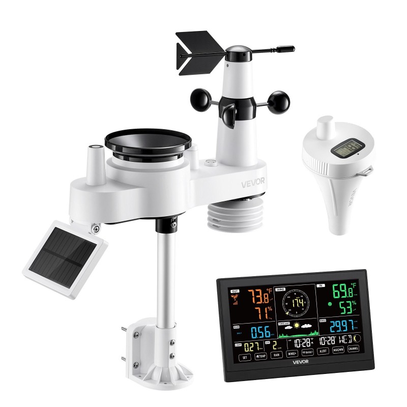 Sääasema 7-toimintoinen ulkoanturi aurinkokennolla Wi-Fi-sovellustuki 190,5 mm näyttö allaslämpömittari