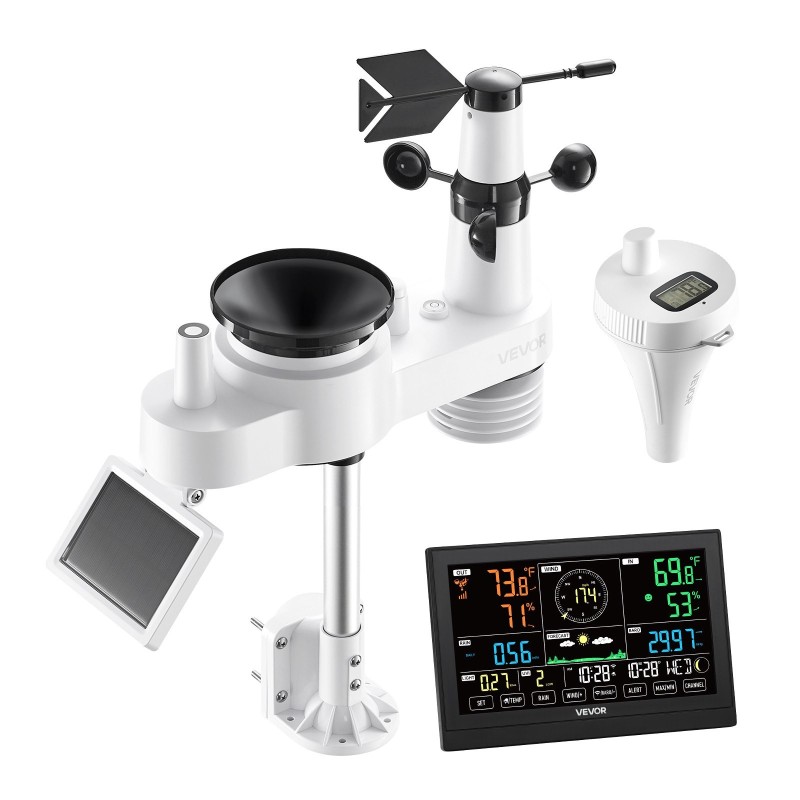 Sääasema 7-toimintoinen ulkoanturi aurinkokennolla Wi-Fi-sovellustuki 190,5 mm näyttö allaslämpömittari