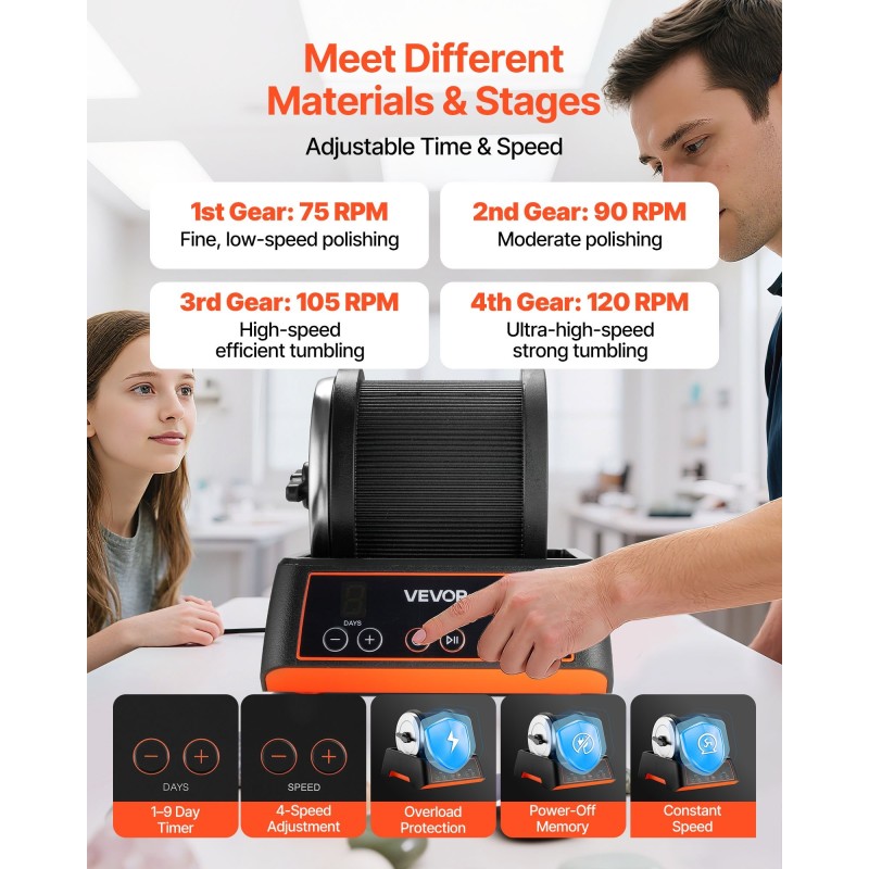 Kivirummutussarja kiven kiillotukseen 4 nopeusasetusta hiljainen 35 dB ohjauspaneelilla