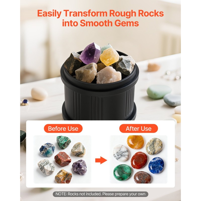 Kivihiojasetti 8 paunan kapasiteetilla tuplarummuilla 1–4 nopeusasetuksella 35 desibelin melutaso