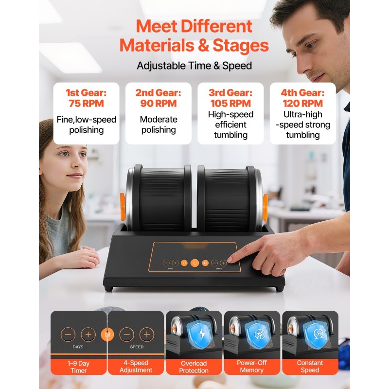 Kivihiojasetti 8 paunan kapasiteetilla tuplarummuilla 1–4 nopeusasetuksella 35 desibelin melutaso