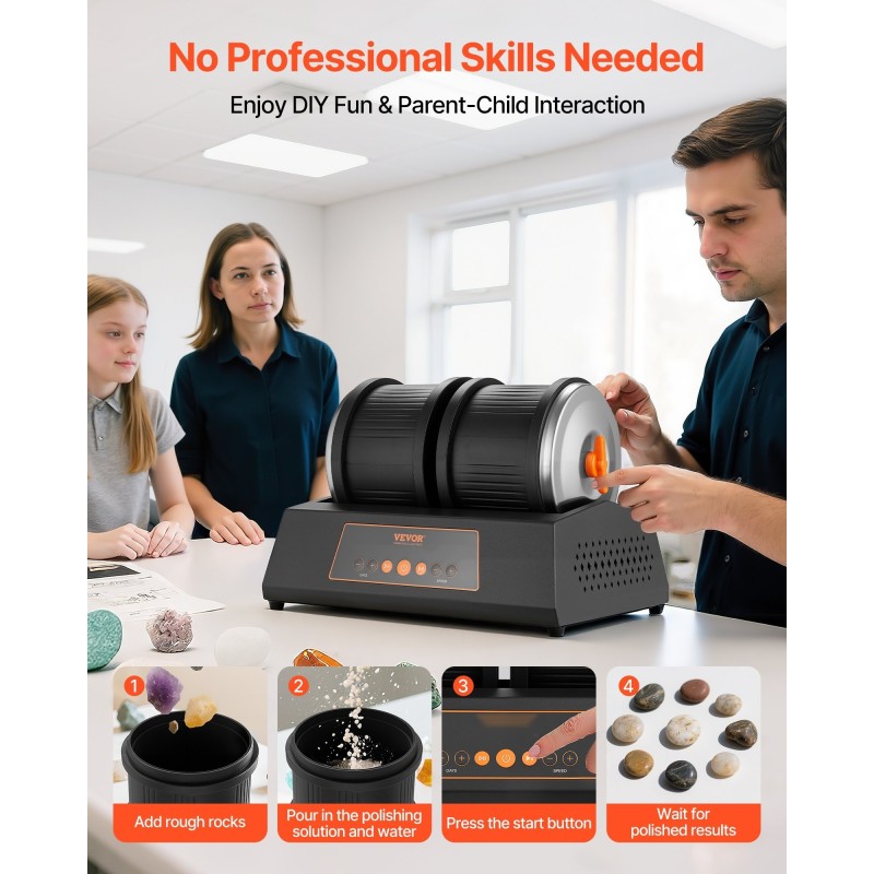 Kivihiojasetti 8 paunan kapasiteetilla tuplarummuilla 1–4 nopeusasetuksella 35 desibelin melutaso