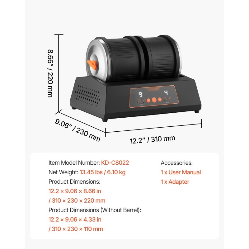 Kivihiojasetti 8 paunan kapasiteetilla tuplarummuilla 1–4 nopeusasetuksella 35 desibelin melutaso