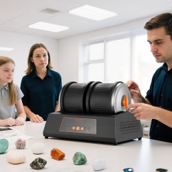 Kivihiojasetti 8 paunan kapasiteetilla tuplarummuilla 1–4 nopeusasetuksella 35 desibelin melutaso