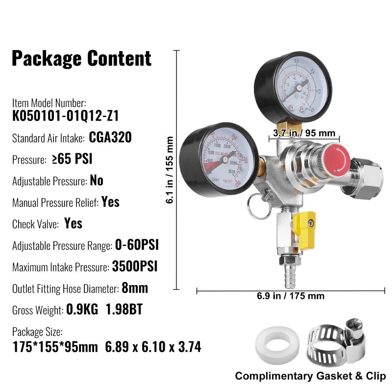 CO2-paineensäädin kaksoismittareilla 0–60 PSI takaiskuventtiilillä CGA320 8 mm kotipanimo