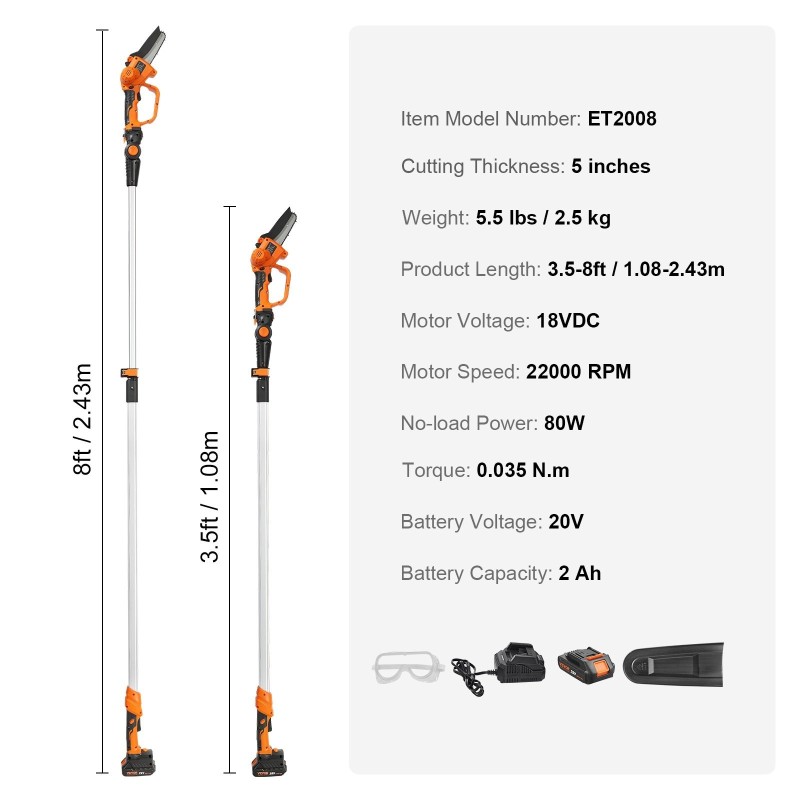 Akkukäyttöinen teleskooppivarsi oksasaha ja miniketjusaha 20V 2Ah 12,7 cm 243,8 cm ulottuvuus