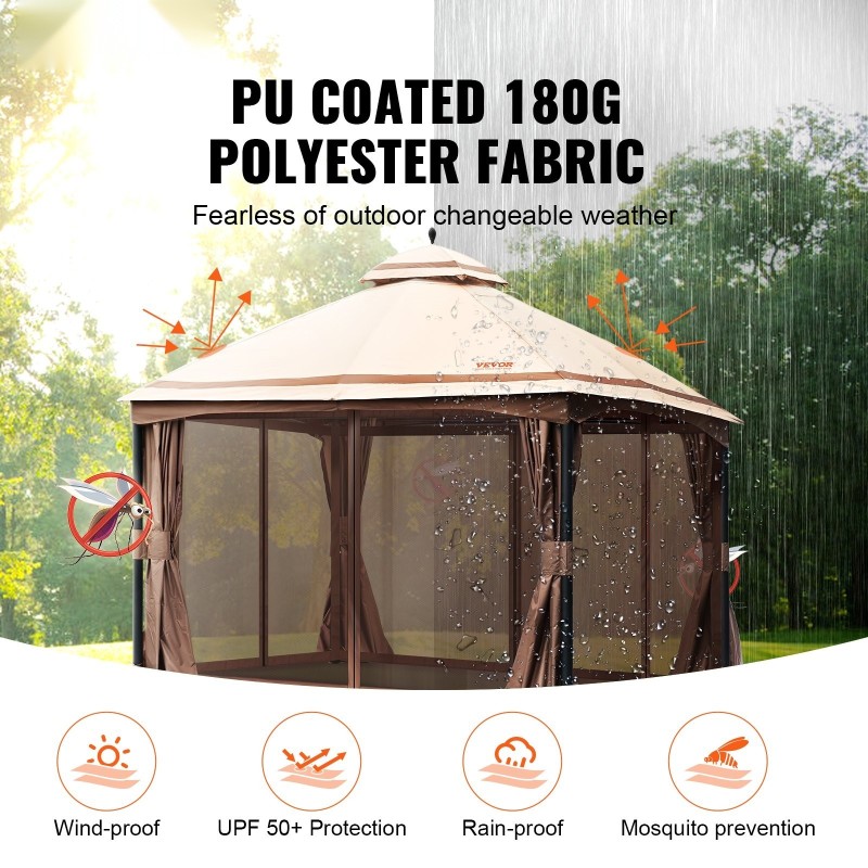 Pihapaviljonki 10 x 13 FT, metallirunko, PU-pinnoitettu 180G polyesterikate, hyttysverkoilla