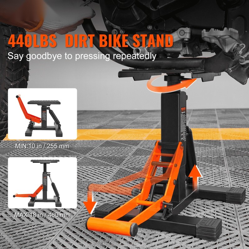 Maastomoottoripyörän nostoteline teräs 200 kg hydraulinen säädettävä korkeus 255–460 mm