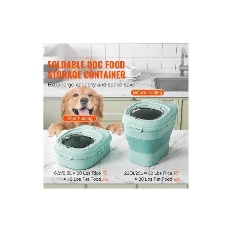 Taittuva lemmikinruokasäiliö 25 l PP ja TRP vihreä tiivis kansi pohjarullilla