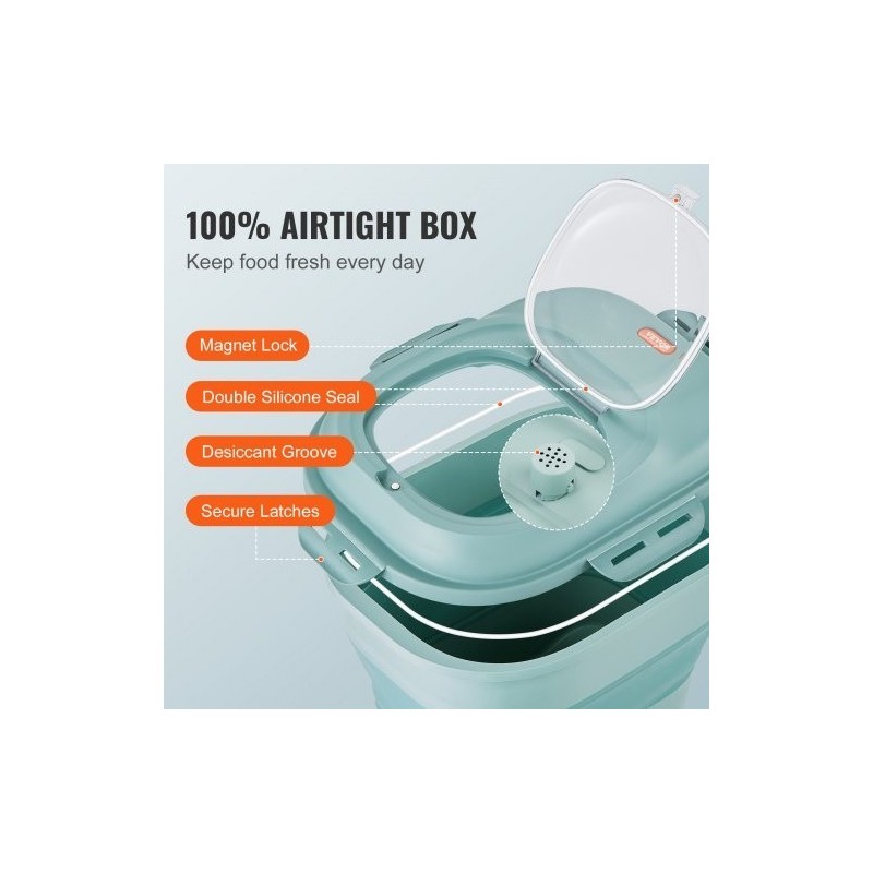 Taittuva lemmikinruokasäiliö 25 l PP ja TRP vihreä tiivis kansi pohjarullilla