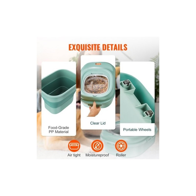 Taittuva lemmikinruokasäiliö 25 l PP ja TRP vihreä tiivis kansi pohjarullilla