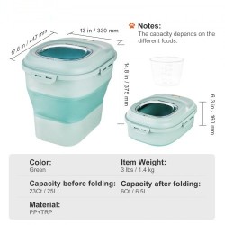 Taittuva lemmikinruokasäiliö 25 l PP ja TRP vihreä tiivis kansi pohjarullilla