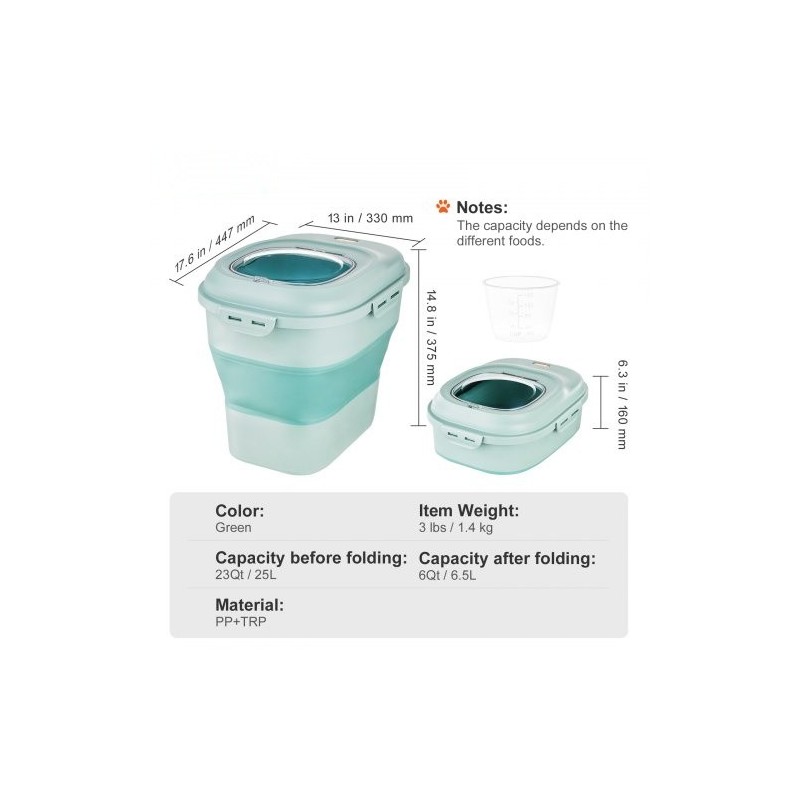 Taittuva lemmikinruokasäiliö 25 l PP ja TRP vihreä tiivis kansi pohjarullilla
