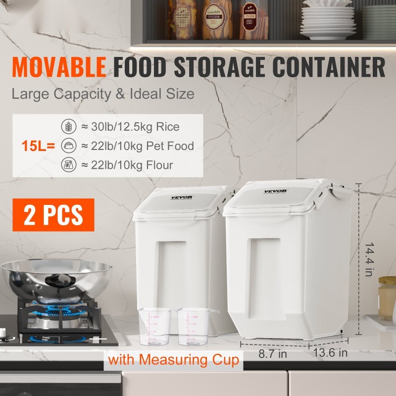 Säilytysastiat 2 kpl 15 l elintarvikekelpoinen PP-muovi ilmatiiviisillä kansilla pyörillä